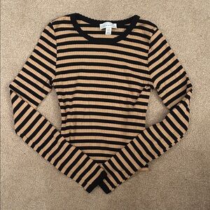 Topshop Striped Ribbed Long-Sleeve Top in Tan and Black